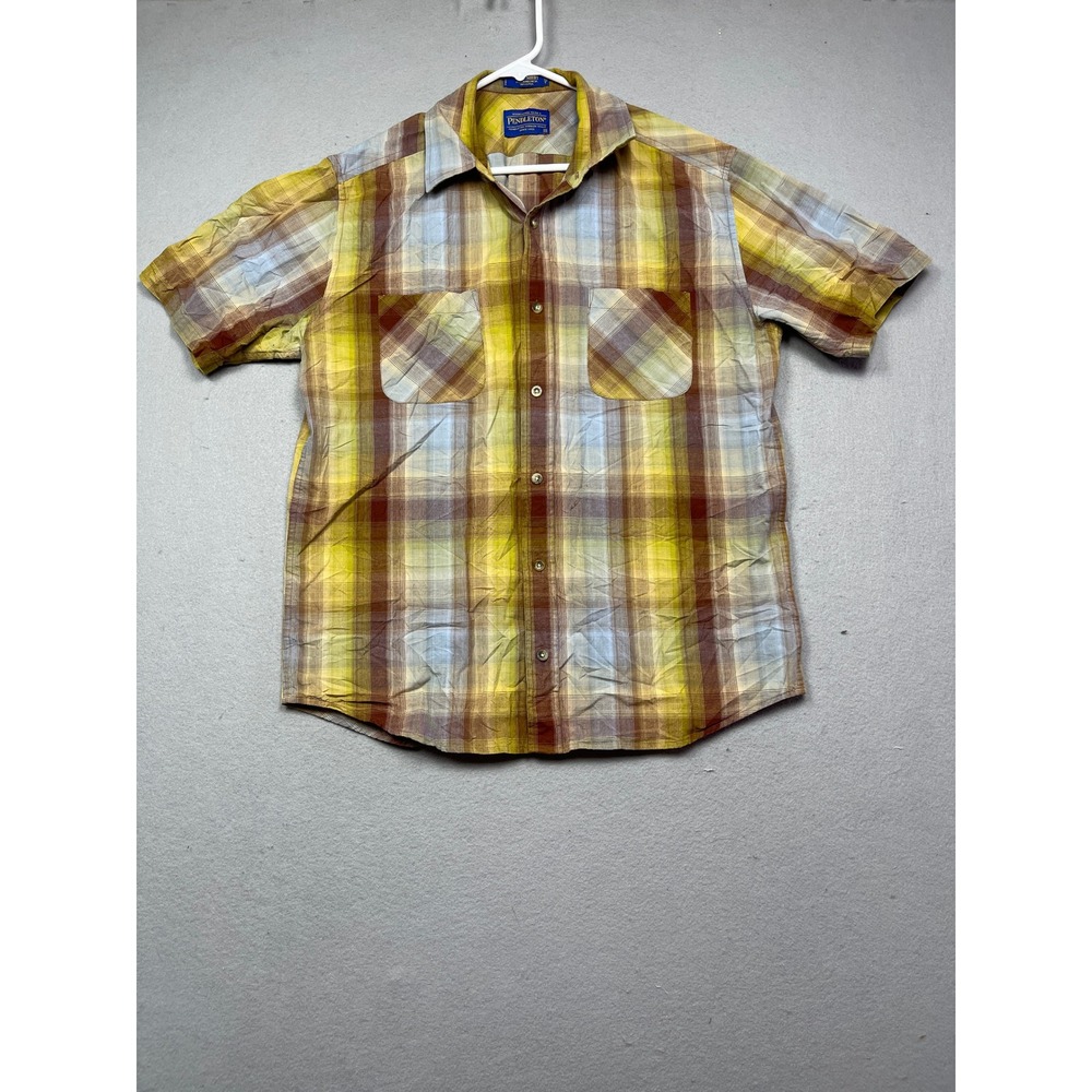 Pendleton Shirt 100% Cotton Plaid Yellow Brown Blue Medium Mens